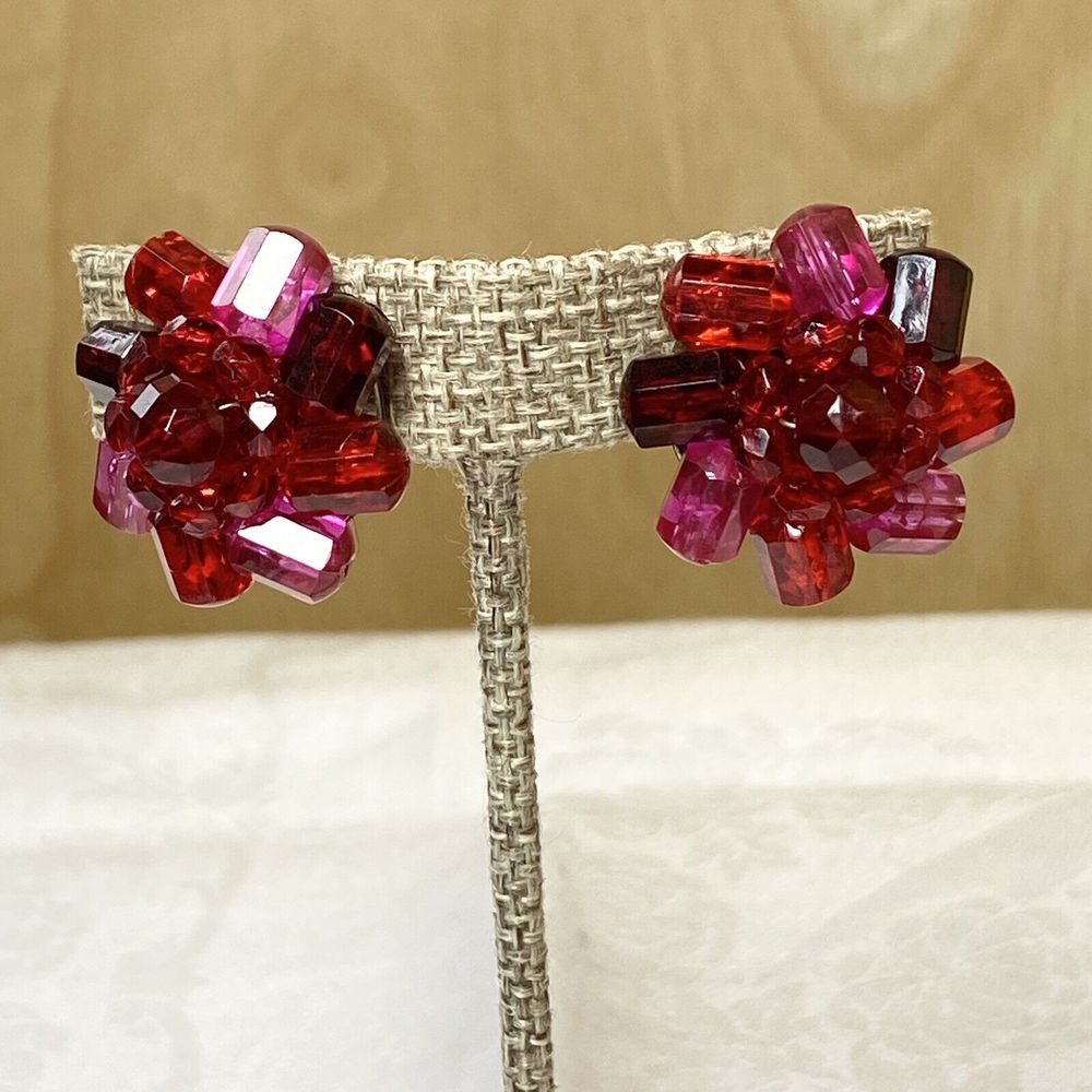 Vintage Signed West‎ Germany Red Pink Faceted Geometric Cluster Clip On Earrings